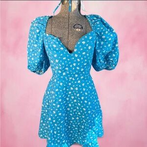 Blue Floral Puff Sleeve Dress